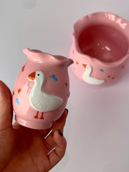 Cute White Duck Pink 3D Ceramic Matcha Bowl and Whisk Holder Set • HX01