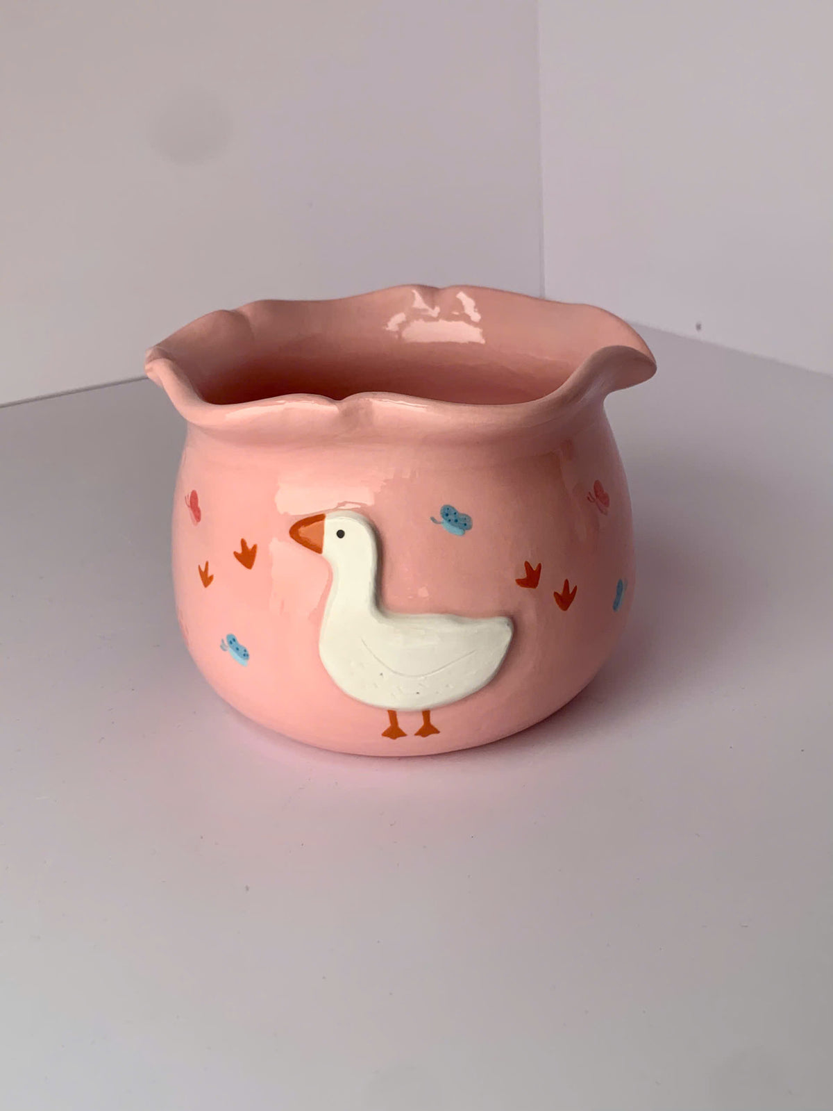 Cute White Duck Pink 3D Ceramic Matcha Bowl and Whisk Holder Set • HX01