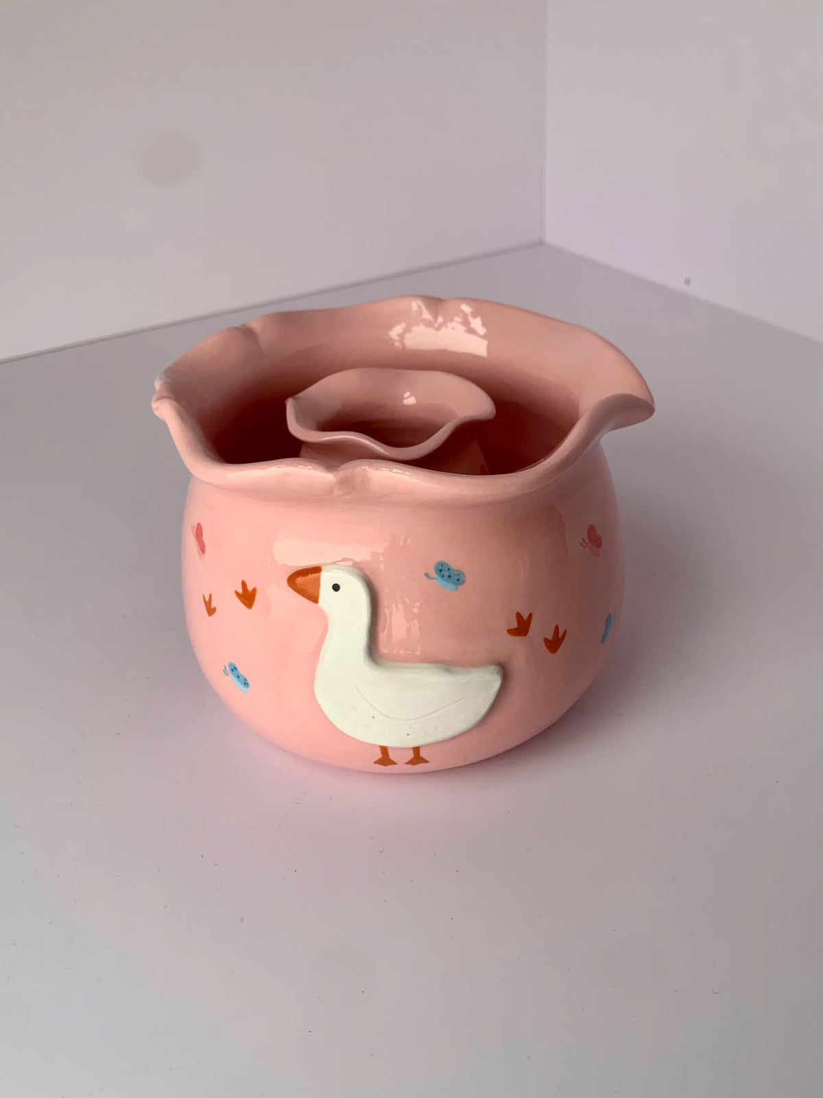Cute White Duck Pink 3D Ceramic Matcha Bowl and Whisk Holder Set • HX01