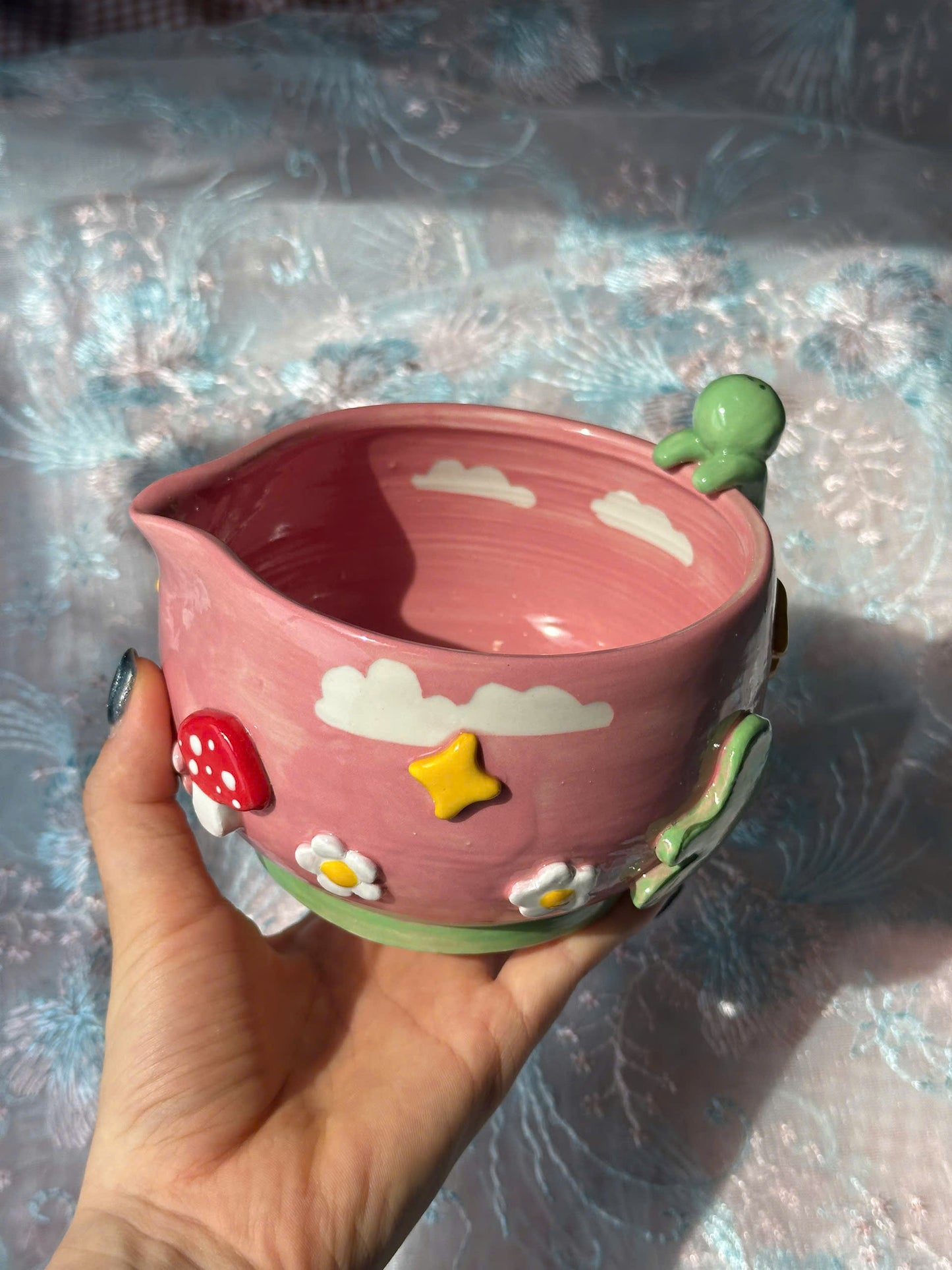Fairytale Pink Sky Smiski 3D Handcrafted Ceramic Matcha Bowl and Whisk Holder Set • HX07